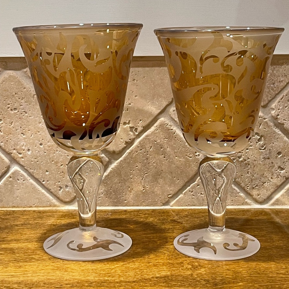 2 Etched Art Glass Goblets by Michael Weems